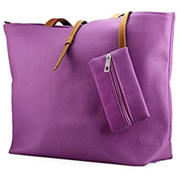 LIGHT PURPLE PU LEATHER TOTE BAG WITH A MINI POUCH - Picture 3 of 3